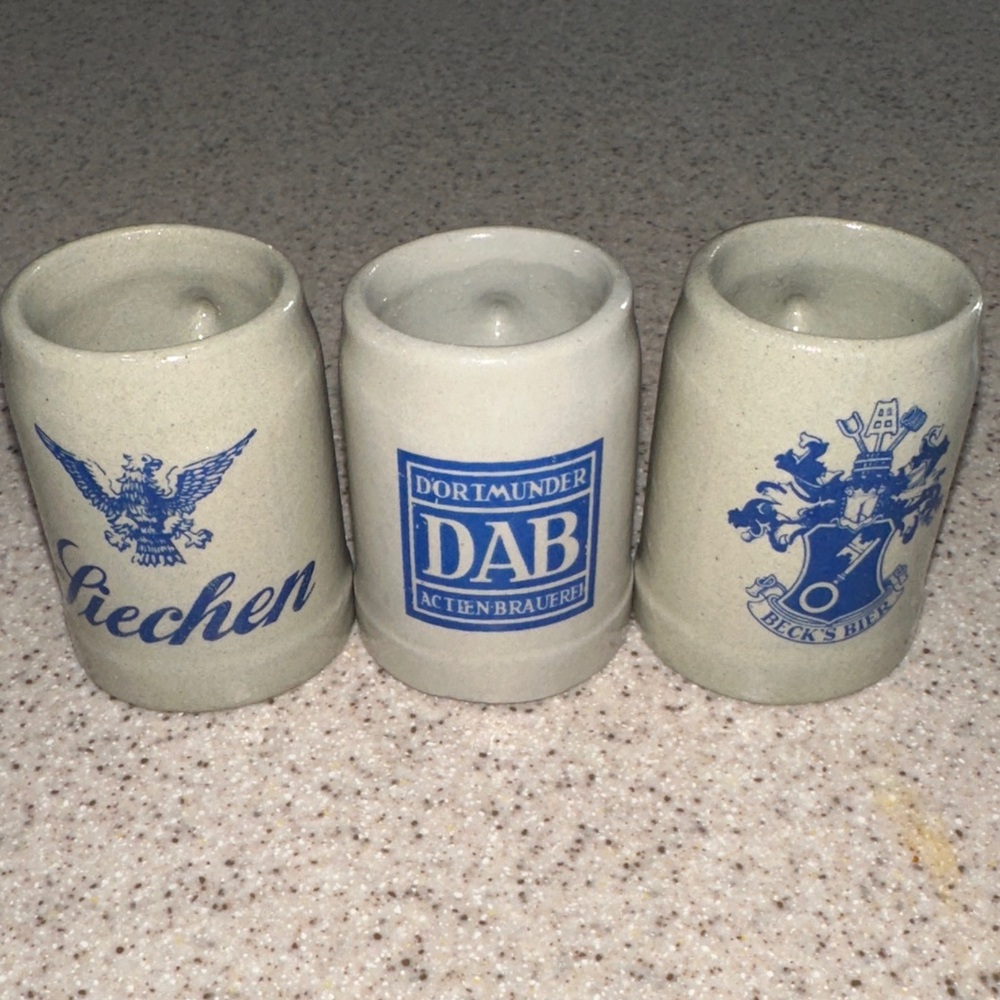 MINI German Beer Steins with Blue Logos, perfect for shot glasses or ornaments